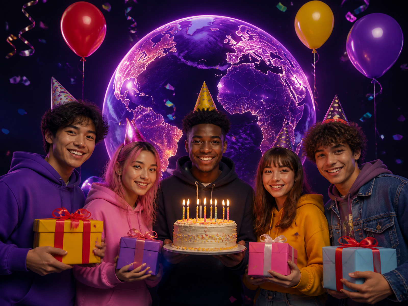 Friends celebrating a birthday around the globe